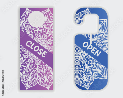 Creative door hanger open close signboard with abstract mandala background
