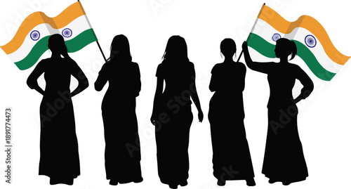 Women celebrating Indian Independence Day with flags in hand