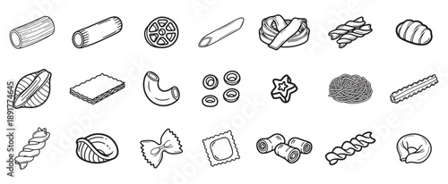 Cute pasta and food doodle icons set vector illustration, hand drawn pasta and ingredient doodles collection vector illustration, cute Italian food doodle icons pack vector illustration