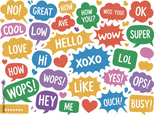 Colorful speech bubbles with various exclamations and greetings text word message communication