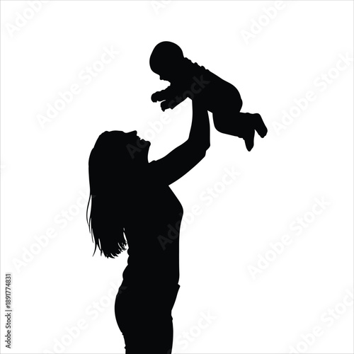Silhouette of Loving Mother Lifting Baby Minimal Family Vector Illustration