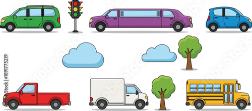 Colorful vector set of city transport vehicles featuring a yellow school bus purple limousine green minivan red pickup truck white delivery van and traffic light
