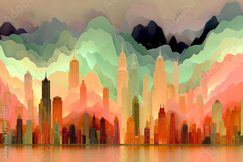 A colorful, stylized city skyline layered with abstract mountain shapes and soft gradients, blending urban architecture with a dreamlike, painterly atmosphere.