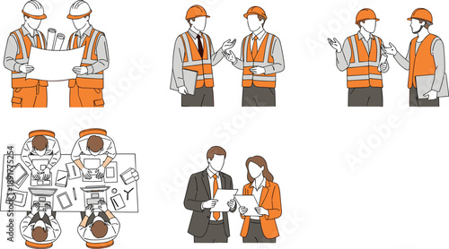 Construction engineers and architects in safety vests discussing blueprints alongside corporate business team working on laptops and planning project strategy on white background