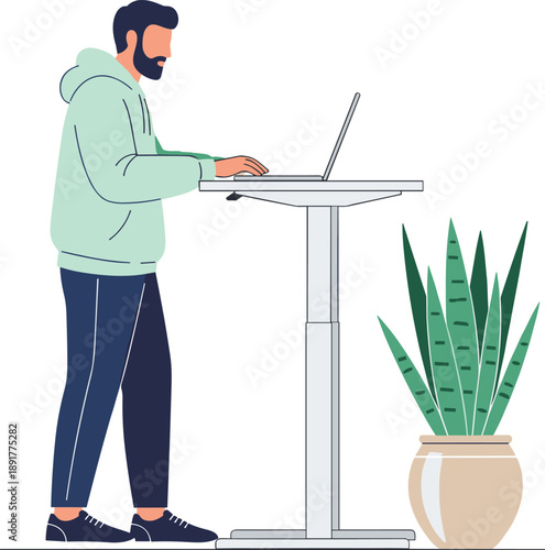 Flat vector illustration of a bearded man in a hoodie working on a laptop at a modern standing desk with a large potted plant