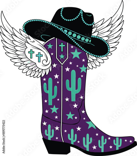 Flat vector illustration of a purple cowboy boot with cactus and star patterns decorated with a winged black hat for western fashion design