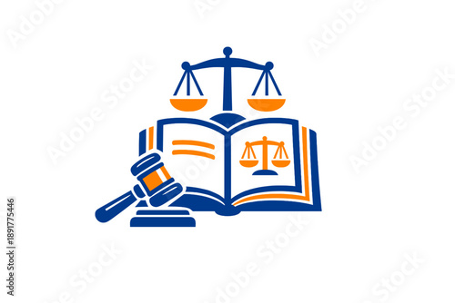 Law and justice icon with gavel, scales and open book symbolizing legal system, court proceedings and legal education