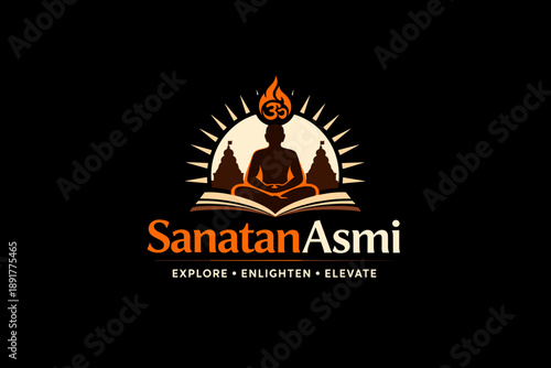 Minimalist Vector Logo Design - Sanatan Asmi with Meditating Buddha Silhouette on Open Book, Om Symbol with Flame, Radiating Sunburst, Temple Silhouettes, Spiritual Emblem on Black Background