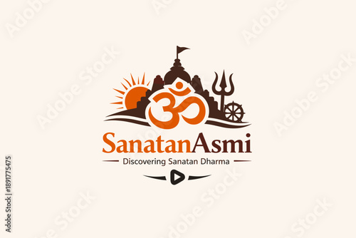 Minimalist Vector Logo Design - Sanatan Asmi with Large Om Symbol, Hindu Temple Silhouette, Rising Sun, Shiva Trident, Dharmachakra Wheel, Discovering Sanatan Dharma, Orange and Brown Spiritual Emblem