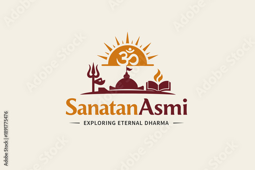 Minimalist Vector Logo Design - Sanatan Asmi with Om Symbol, Rising Sun, Shiva Trident, Hindu Temple, Sacred Book and Flame, Sanatana Dharma Emblem in Orange and Maroon Colors