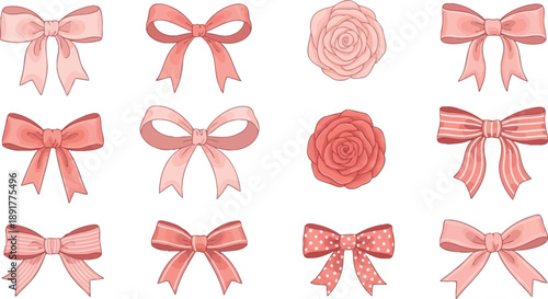 Set of various bows, ribbon bows collection, gift ribbons, vector illustration