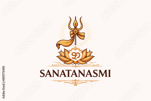 Golden trident lotus emblem with bow and monogram, eternal dharma spiritual logo, vector illustration