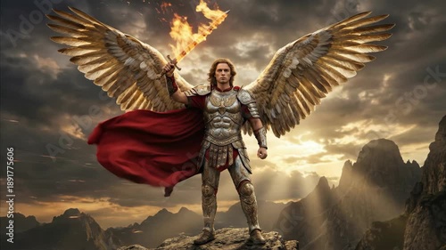 Archangel michael in armor with flaming sword stands on a mountain at sunset, powerful christian warrior concept.