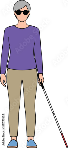 Full length illustration of a blind woman with grey hair wearing sunglasses and holding a white cane for accessibility and visual impairment inclusion concept