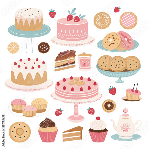 Assorted desserts including cakes and pastries illustrated in a flat vector style, featuring various sweet treats and tea