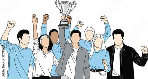 Group of diverse young professionals cheering and celebrating victory while holding a silver trophy cup for business success team achievement and championship win concept