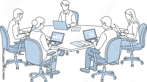 Group of professional business coworkers sitting at a large triangular office table using laptops and discussing project data for corporate meeting and teamwork collaboration