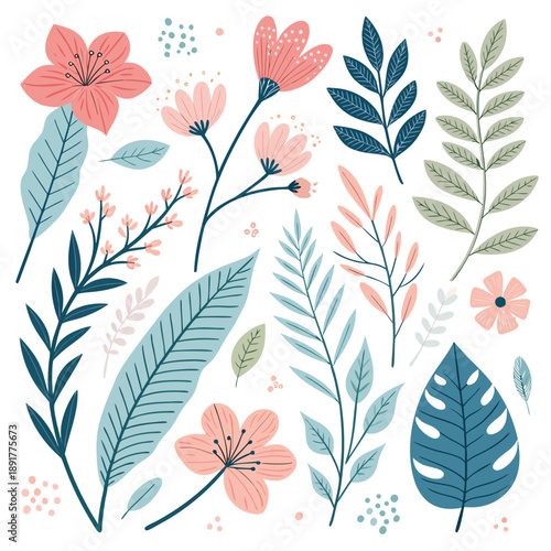 Abstract botanical flat vector illustration set featuring flowers, leaves, and branches in a decorative arrangement from a frontal viewpoint