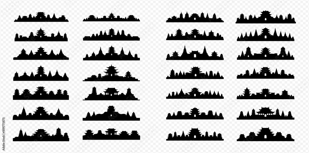 Obraz premium Set of various city skylines and urban landscapes silhouettes, featuring different architectural styles and famous landmarks from around the world.