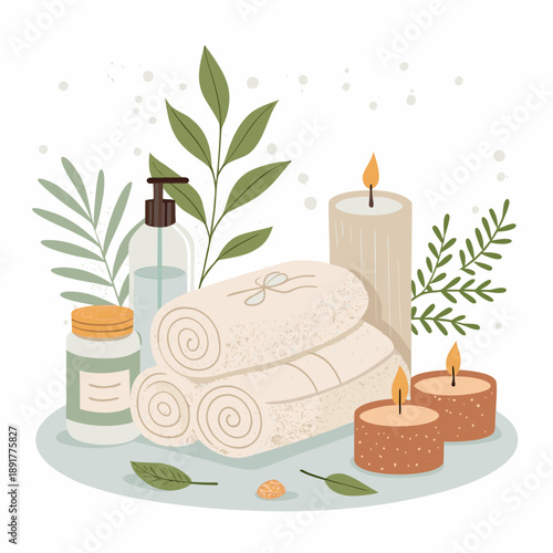 A serene bathroom setup featuring towels, candles, and spa items on a tray, perfect for a relaxing self-care routine.