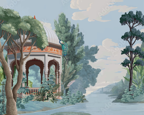 Mughal forest garden with Dome, Birds, plant and botanical tree landscape illustration pattern, Mughal Wall Mural.