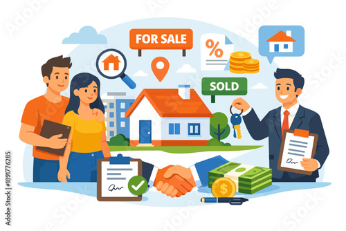 Real estate home buying and property sale illustration with agent, buyers, contract and sold house