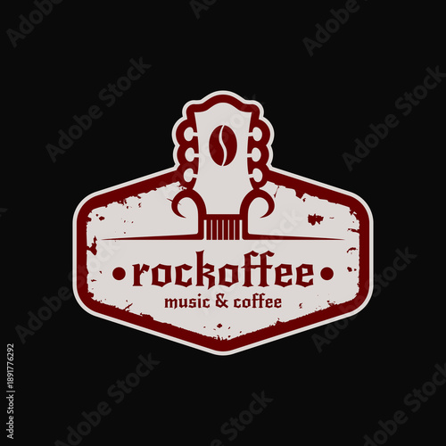 Rock coffee shop logo featuring guitar headstock combined with coffee bean in badge emblem. Rough grunge texture in maroon and grey, ideal for indie rock cafe, music bar, and specialty coffee brand.