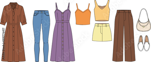 Women fashion apparel set featuring brown shirt dress denim jeans purple sundress crop tops yellow mini skirt trousers handbag and shoes on white background
