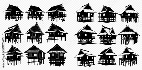 Set of Traditional Thai Houses on Stilts Silhouettes.