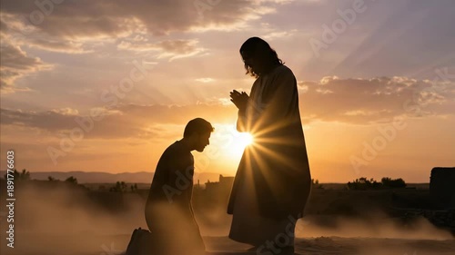 Man kneeling and interacting with Jesus Christ figure at sunset. Religious belief, divine guidance and spiritual prayer concept.