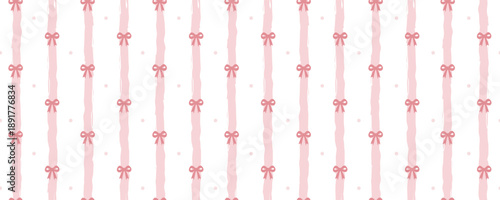 Cute baby doodle on girly striped backdrop. Seamless pattern with hand drawn watercolor and pink ribbon. Vector illustration.