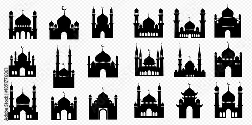 Set of various mosque silhouettes with domes and minarets, representing Islamic architecture and worship places.