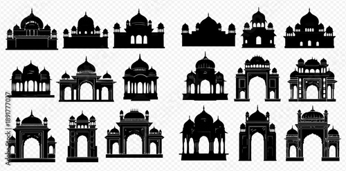 Collection of Indian Temple and Palace Silhouettes with Traditional Architecture.