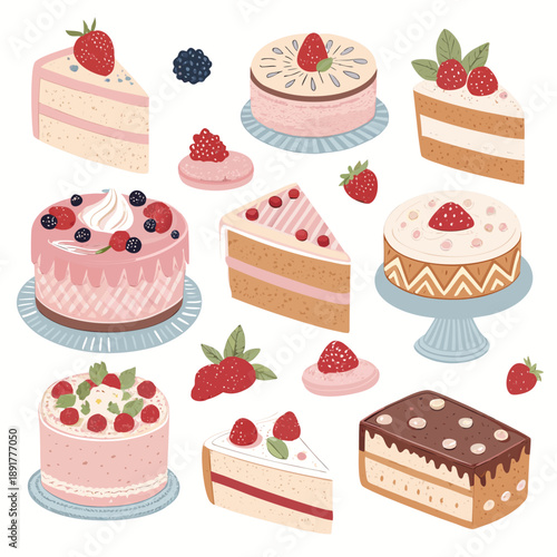 Flat vector illustration set of assorted desserts on display showcasing various cake patterns and sweet treats