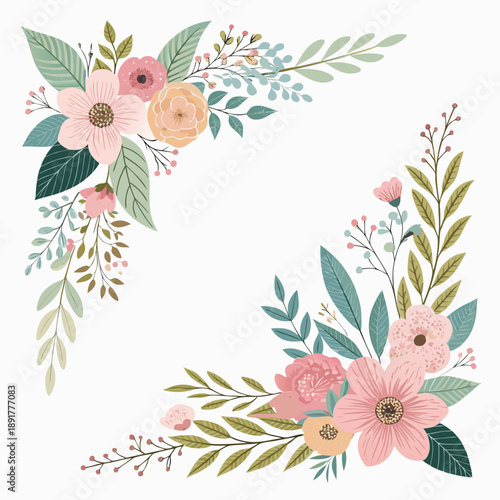 Elegant floral corner decoration vector illustration set, showcasing flowers and leaves from a frontal viewpoint