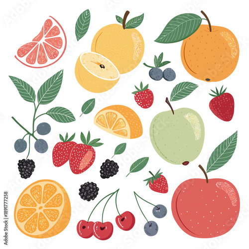 Collection of assorted fruits and berries in a flat vector illustration set, featuring citrus and other fruits