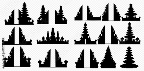 Set of Balinese temple gate and pagoda silhouettes, traditional Indonesian architecture vector illustration.
