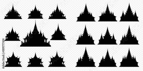 Set of traditional Thai temple and pagoda silhouettes, featuring various architectural styles and intricate details.