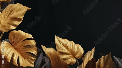 Black background with gold leaves on it. The leaves are large and gold in color. The image has a warm