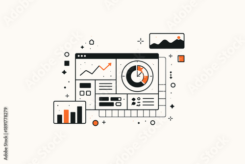 Business analytics dashboard illustration with data visualization, charts, graphs and performance metrics