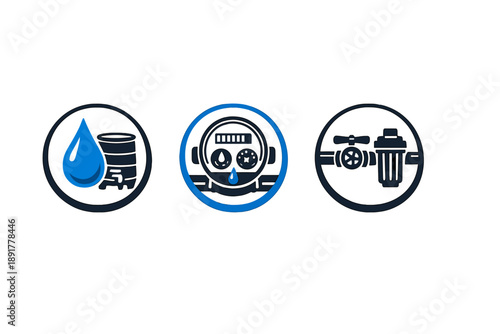 Set of modern flat icons showing water filtration and purification process, including water drop, filtration system, purification mask, and pipeline filter.