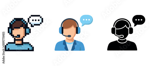 Various call center representative icons: pixelated, flat, and silhouette illustrations