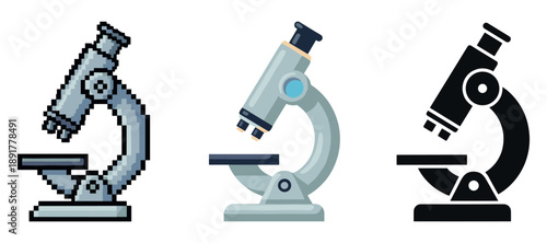 Pixel art and silhouette styles of various microscopes