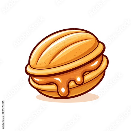 Stylized cartoon illustration of a walnut filled with dripping caramel. Isolated on white background.