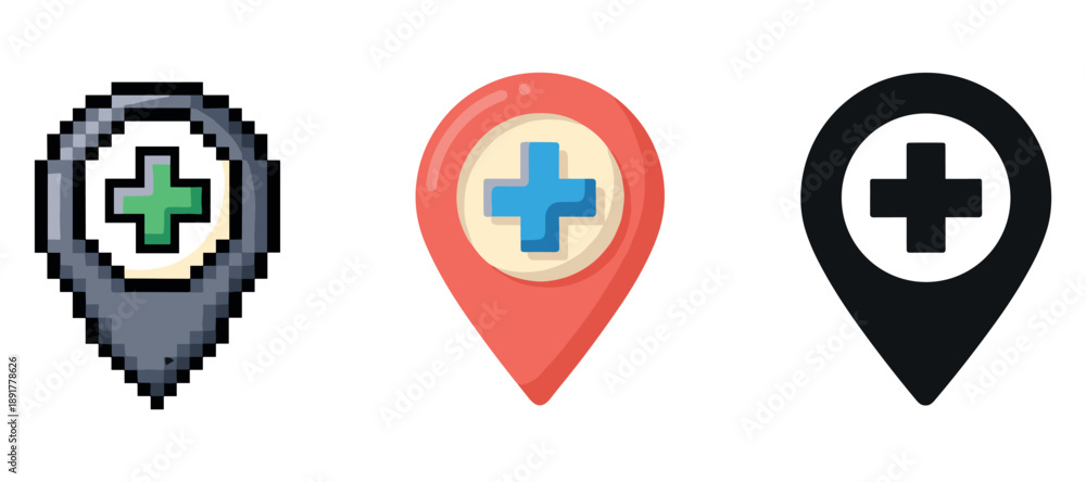 Obraz premium Various medical location icons with cross symbols