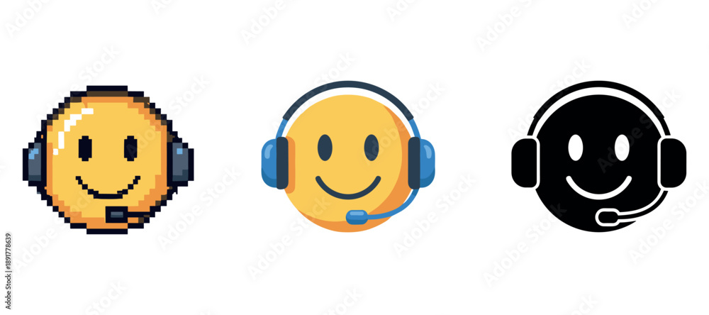 Obraz premium Smiley faces with headsets: pixel, flat, and icon styles