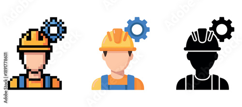 Pixel, color, and silhouette construction worker icons with hard hats and gears