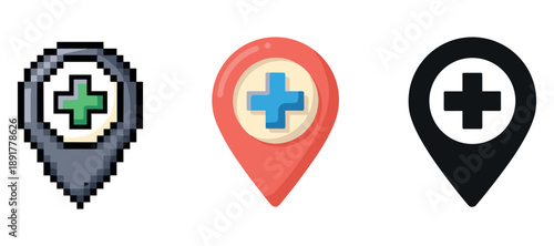 Various medical location icons with cross symbols