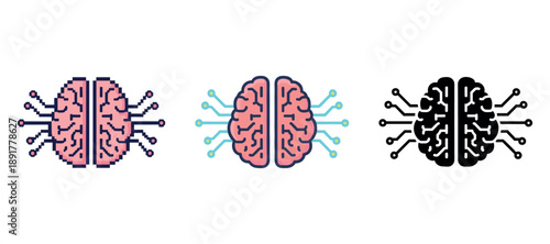 Digital brain icons: pixel art and circuit graphic designs
