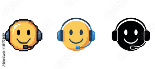 Smiley faces with headsets: pixel, flat, and icon styles